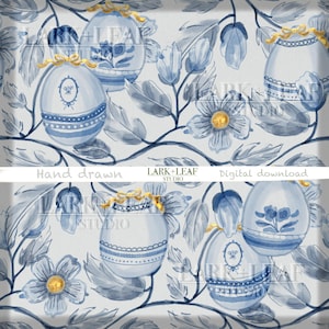 Chinoiserie Easter Egg Seamless Pattern, Delft Blue Floral Fabric, French Country Digital Paper, Hand Drawn POD Commercial License PNG