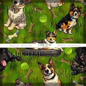 May include: A digital seamless pattern featuring various dog breeds, tennis balls, and bone-shaped treats on a green grassy background. The words "Hand drawn" and "Digital download" are visible. The pattern is from Lark + Leaf Studio.