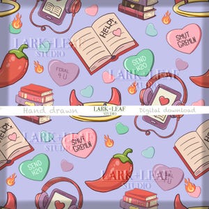 May include: A seamless pattern featuring books, hearts, chili peppers, and digital devices with headphones. The design includes the text "HELP!", "SMUT GREMLN", "SEND H20", and "FERAL 4 U" on heart-shaped candies. The background is a light purple.