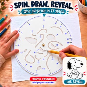 May include: A white circular drawing stencil with blue numbers and cutouts, featuring the text SPIN. DRAW. REVEAL. One surprise in 17 steps. DIGITAL DOWNLOAD Adult preparation required. A yellow pencil is used to trace the shapes.