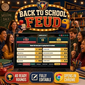 May include: A digital Back to School Feud game displayed on a laptop screen, featuring a scoreboard with Team 1 at 1167 points and Team 2 at 936 points. The game interface lists survey answers like Seeing Friends and New Supplies with point values.