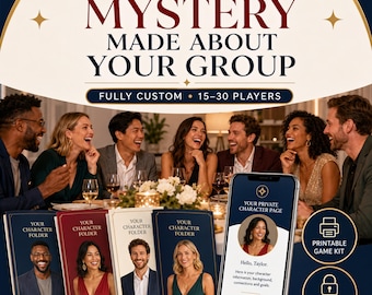 Op maat gemaakt moordmysteriespel voor 15-30 spelers, inclusief een gepersonaliseerd printbaar feestpakket.