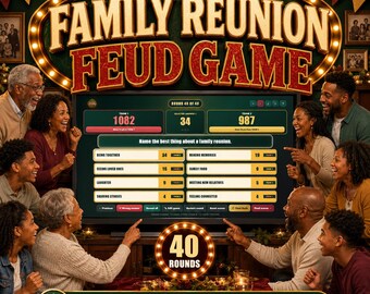 Interactive Family Reunion Feud game for adults and kids with 40 editable rounds, automatic scoring, Final Rush, and offline Chrome play.