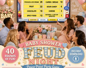PowerPoint-spel voor een babyshower, een vriendschappelijke rivaliteit voor volwassenen, een ijsbreker voor een gemengde babyshower, 40 rondes, automatische scoreberekening, genderneutrale activiteit.