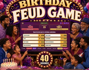 Verjaardagsruzie-spel, interactief verjaardagsfeestspel, 40 bewerkbare rondes voor volwassenen en kinderen, offline te spelen via Chrome, geen PowerPoint nodig.