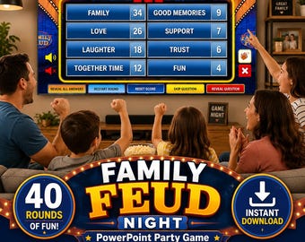 Vriendelijke Feud PowerPoint-spel, bewerkbaar familiespel, automatische scoretelling, 40 rondes, kantoorfeest & teambuildingspel
