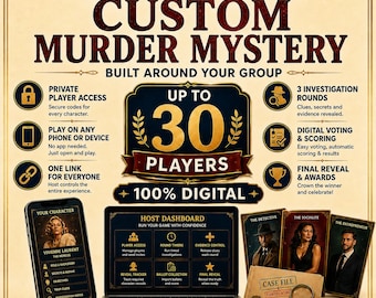 Custom Murder Mystery Game for Up to 30 Players, 100% Digital Large Group Mystery Party, Personalized, No Printing Required