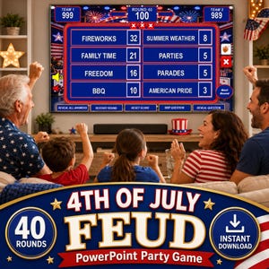 May include: A family is gathered around a television playing a game. The screen displays a game board with categories like "Fireworks" and "Family Time." The game is titled "4th of July Feud" and is a PowerPoint party game.