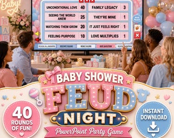 PowerPointspel Feud, geschikt voor een babyshower, 40 rondes, genderneutraal, automatische scoretelling, activiteit voor een familiefeest.