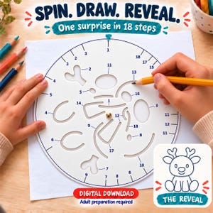 May include: A white circular drawing stencil with numbered cutouts and a central pivot point. The text reads SPIN. DRAW. REVEAL. One surprise in 18 steps. A yellow pencil traces a line on the stencil. A small square shows a reindeer illustration.