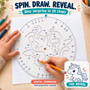 May include: A circular white stencil with cut-out shapes and numbered markings for a drawing activity. The text reads SPIN. DRAW. REVEAL. One surprise in 29 steps. A yellow pencil is used to trace the stencil patterns onto white paper.