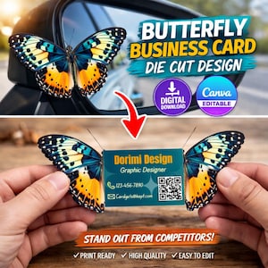 以下が含まれることがあります： 鮮やかな蝶のイメージが特徴の、蝶の形をした名刺デザイン。「Dorimi Design」の文字と連絡先情報が記載されています。デザインには「BUTTERFLY BUSINESS CARD DIE CUT DESIGN」の文字が含まれています。