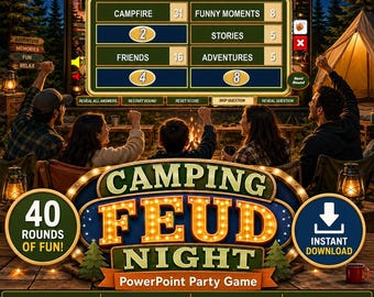 Kampeervriendelijk spel Feud voor PowerPoint, familiespel bij het kampvuur, activiteit voor op de camping met de camper, 40 rondes, automatisch scorend gezelschapsspel