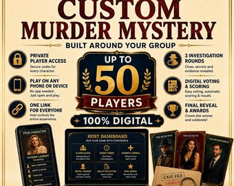 Custom Murder Mystery Game for Up to 50 Players, 100% Digital Large Group Murder Mystery Party, Personalized, No Printing