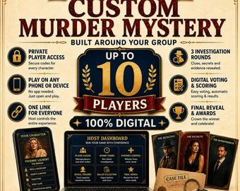 Custom Murder Mystery Game for Up to 10 Players: 100% Digital, Personalized Party Game, Private Player Access, No Printing