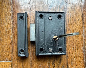 Antique Rim Lock with Folding Key & Keeper Cast Iron Barn Door Gate Outdoor Lock