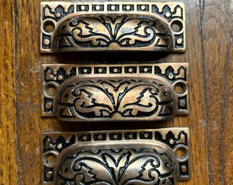 3 Bronze Plated, Cast Iron Bin Pulls Antique Furniture & Kitchen Hardware