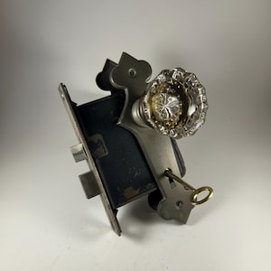 Antique Art Deco / Tudor Style Door Hardware Set w/ Glass Door Knobs, Steel Backplates, Mortise Lock, & Key
