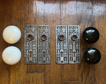 Antique Door Hardware Set Porcelain Door Knobs, Cast Iron Backplates, Lock & Key