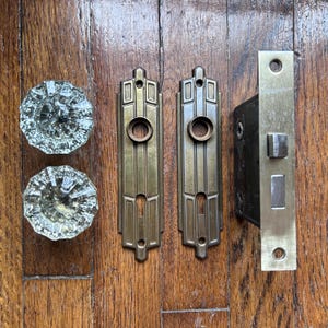 Antique Art Deco Door Hardware w/ Glass Door Knobs & Brass Plated Backplates