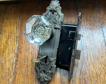 Antique Victorian Door Hardware Set Leaded Glass Door Knobs & Cast Iron Hardware