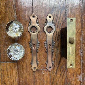 Antique Art Nouveau Door Hardware w/ Fluted Glass Door Knobs & Brass Backplates