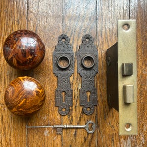Antique Marbled Porcelain Door Knobs & Cast Iron Backplates Door Hardware Set