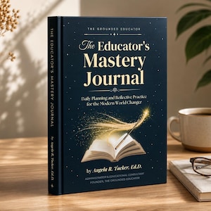 May include: A dark blue hardcover book titled The Educator's Mastery Journal by Angela R. Tucker, Ed.D. The cover features gold text, a graphic of an open book with a glowing light trail, and the subtitle Daily Planning and Reflective Practice.