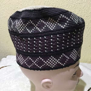 Cotton-blend Zigzag Beanie Kufi Hat Indigo Blue Pom-pom Top Turkish Winter  Cap MUSLIM FASHION African Style Hat for Cold Weather CHOOSE Size 