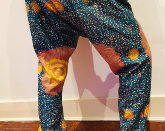 Orange Ankara Trousers for Men, African Print Trousers, Orange Harem Pants for Women, Low Crotch Pant/Trousers, Orange Yoga Trousers Unisex