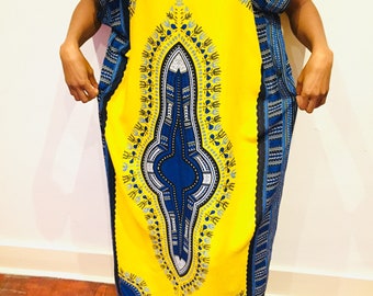 Yellow Dashiki Maxi Dress, Yellow Dashiki Long Dress, Long Yellow African Print Maxi Dress,  African Maxi Dress, Yellow Kaftan Maxi Dress