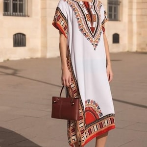 white and gold dashiki dress Queen Oriaku Stretchy Women's Mermaid Dress In African Ankara Dashiki Kente Print (White Red Gold Burgundy Multicolored Fabric)