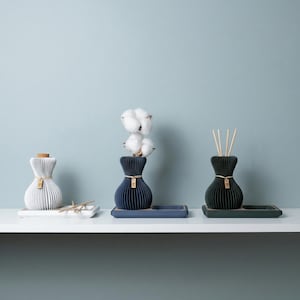 Peut inclure: Trois vases décoratifs sur une étagère. Le premier est blanc avec un bouchon en liège, le second bleu marine avec du coton, et le troisième vert foncé avec des roseaux. Chacun a une étiquette dorée et repose sur un plateau assorti.