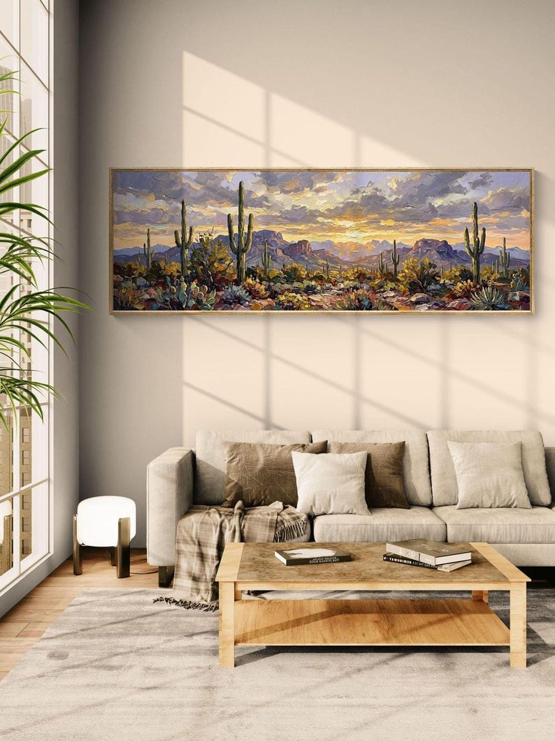 Desert Sunset Wall Art, Cactus Panorama Canvas Print, Southwestern Boho ...