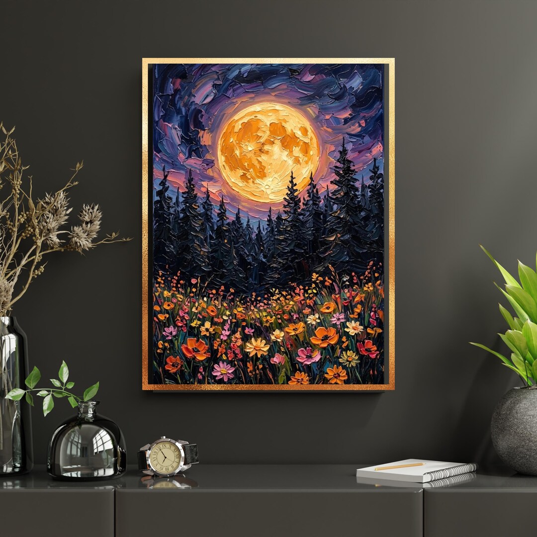 Full Moon Wall Art, Wildflower Meadow Night Canvas Print, Cottagecore ...