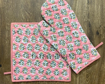 Guanto e presina da forno stampati motivo floreale rosa giardino, extra spessi trapuntati, cotone a stampa blocco con piping, per la cottura