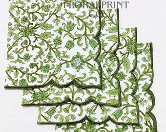 Avocado Green Floral Hand Block Printed Cotton Napkin Set, Embroidered Scalloped Dinner Napkins, Wedding Table Decor, Party Gift, 18X18"