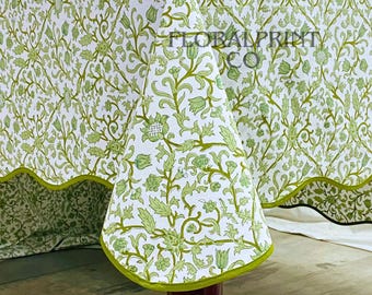 Avocado Green Hand Block Printed Cotton Tablecloth with Matching Piping, Rectangular Wedding Table Linen, Boho Farmhouse Dining Decor