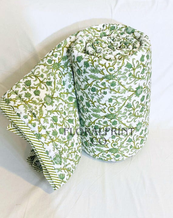 Cotton Block Printed Quilt, Reversible Floral Bedspread, Soft Lightweight Handmade Comforter Blanket, All Season Quilt for Couch and Bed