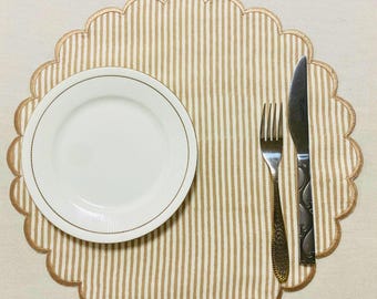 Hand Block Printed & Embroidered Round Cotton Placemat, 100% Natural Cotton Table Mat with Warm Light Brown Stripe, Handmade Dining Placemat