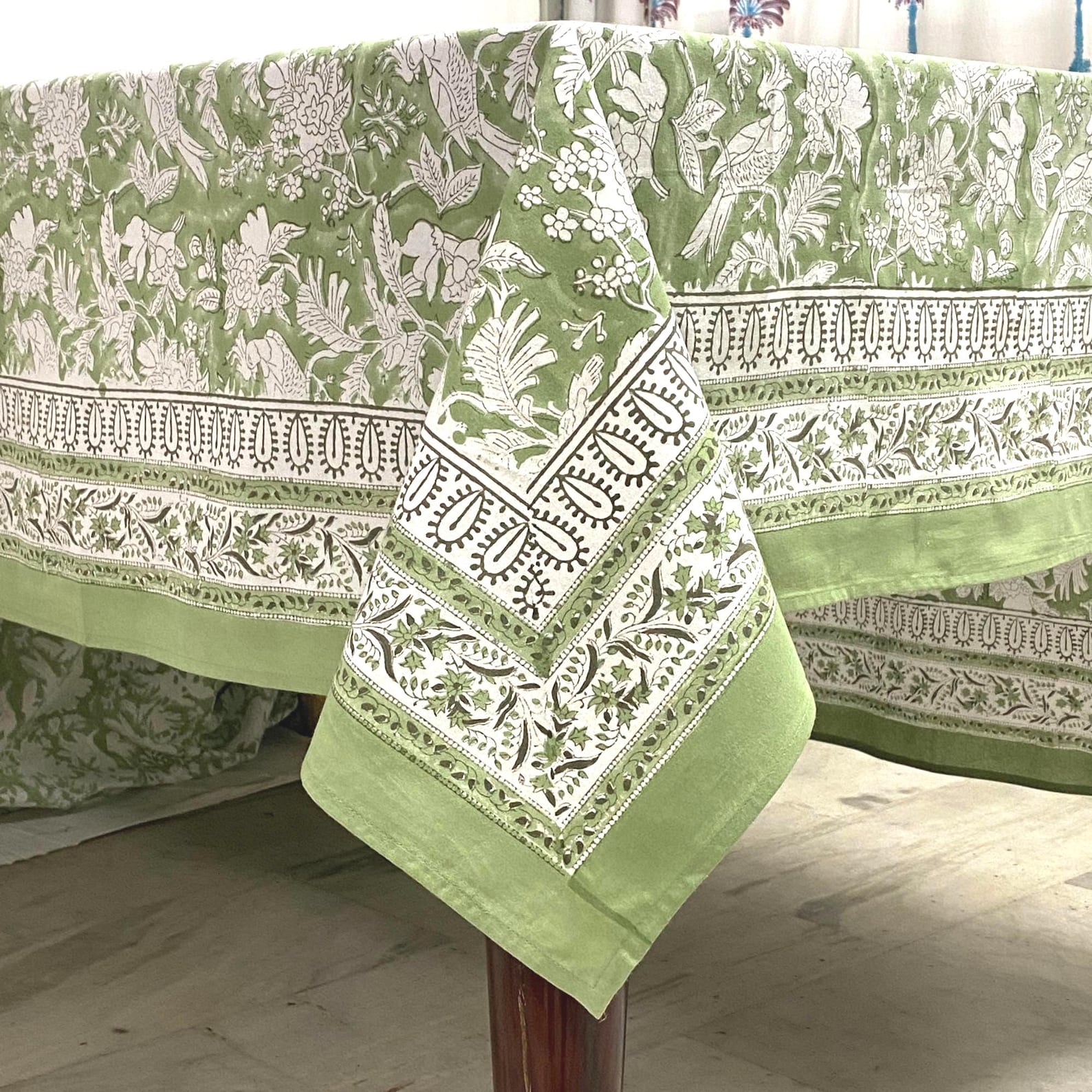 Heritage Green Hand Block Printed Cotton Tablecloth, Rectangular Indian Handmade Dining Wedding Table Cover, Boho Farmhouse Decor - 70x118 Inches
