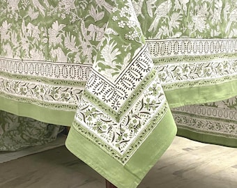 Heritage Green Hand Block Printed Cotton Tablecloth, Rectangular Indian Handmade Dining Wedding Table Cover, Boho Farmhouse Decor