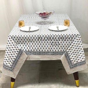 Mantel de mesa 100 % algodón estampado a mano con bloques, cubierta rectangular para mesa, decoración boho hecha a mano, decoración de boda