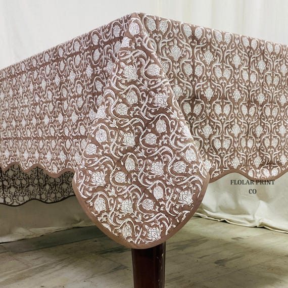 Mud Brown Hand Block Print Tablecloth with Scallop Piping, Floral Cotton Dining Table Cover, Boho Farmhouse Wedding Party Summer Table Decor