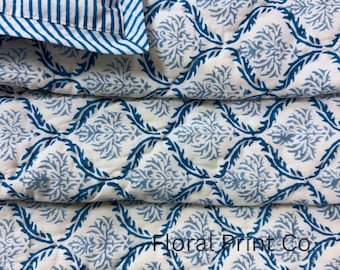 Coastal Indigo Hand Block Printed Cotton Quilt, Reversible Floral Bedspread, Soft Lightweight Blanket, All Season Quilt for Couch & Bed