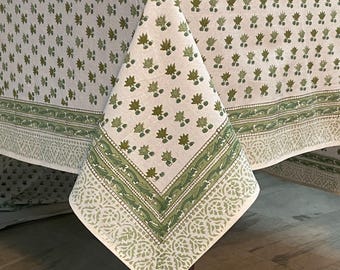 Meadow Green Floral Hand Block Printed Cotton Tablecloth, Rectangular Indian Handmade Dining Wedding Table Cover, Boho Farmhouse Decor