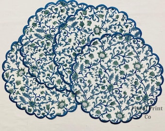 Sapphire Bloom Hand Block Print Round Placemats Set, Embroidered Scalloped Table Mats, 100% Cotton, Farmhouse Blue Dining Decor.