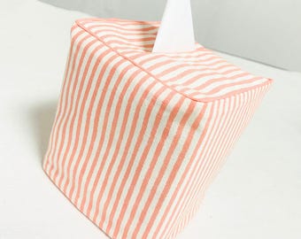 Salmon Stripes Hand Block Print Pipping Tissue Box Cover – Handmade Indian Boho Cotton Napkin Holder & Desk Gift, Home Decor