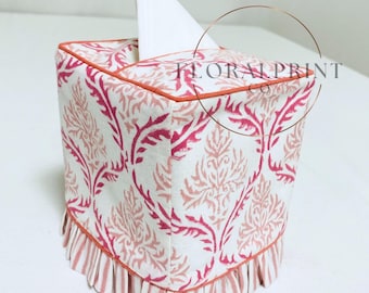 Dusty Pink Leaf Hand Block Printed Stripe Ruffle Tissue Box Cover, Cotton Fabric Tissue Holder, Square Napkin Sleeve, Table Organizer, Gift
