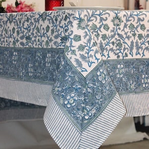 Sapphire Bloom Hand Block Printed Tablecloth, Rectangular Indian Cotton Dining Table Cover, Boho Floral Farmhouse Table Linen for Wedding